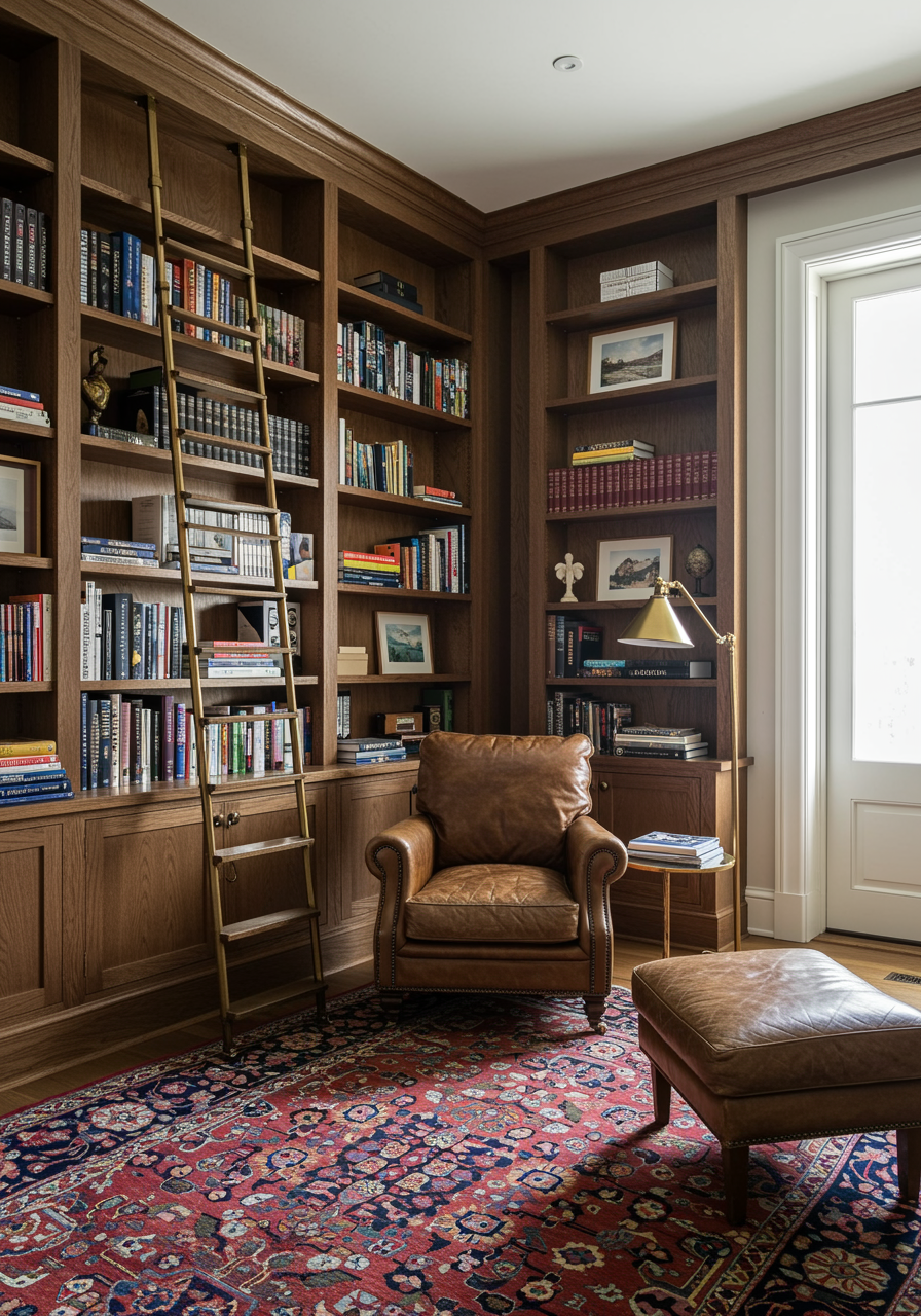 Biblioteca com estantes e poltrona.
